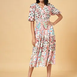 Honey by Pantaloons Floral Printed Puff Sleeve Smocked A-Line Midi Dress-image-38