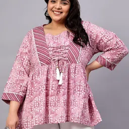Indietoga Plus Size Printed Square Neck Tie-Ups Cotton Longline Tunic-17