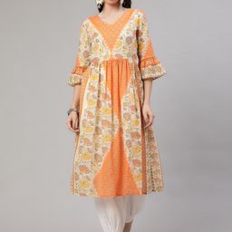 AKS Floral Printed V-Neck Bell Sleeves Pleated Cotton Kurta-image-85