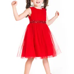 Cherry Crumble Girls Red Net Solid Fit & Flare Dress with Sequinned Detail-picture-20