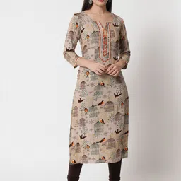 Anouk Beige Ethnic Motifs Printed Pure Cotton Straight Kurta-image-33
