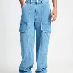 FREAKINS Men Relaxed Fit High-Rise Clean Look Pure Cotton Cargo Jeans-image-17