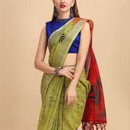 Sangria Mustard & Red Floral Pure Linen Saree-7