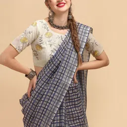 Sangria Grey & Black Checked Pure Linen Saree-picture-40