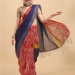 Sangria Red & Navy Blue Jaali Pure Linen Saree-picture-31