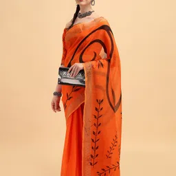 Sangria Orange & Black Zari Pure Linen Saree-image-37