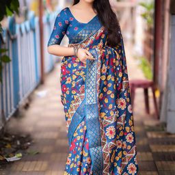 Mitera Blue Kalamkari Printed Zari Woven Design Saree-picture-49