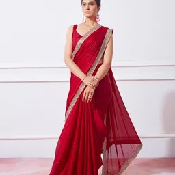 Mitera Red Embellished Beads & Stones Satin Saree-picture-12