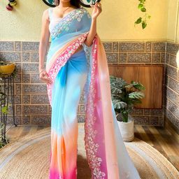 Mitera Blue Ethnic Motifs Embroidered Sequinned Detailed Poly Georgette Saree-30