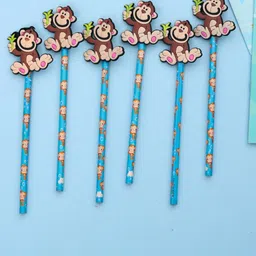 Yellow Bee Kids Set Of 6 Blue Monkey Motifs Printed Pencil-19
