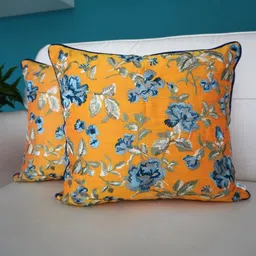 TARA- Sparkling Homes Orange & Blue 2-Pieces Floral Square Cushion Covers-image-71