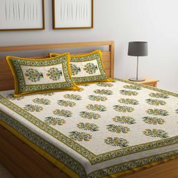 Rajasthan Decor Off-White & Green Floral Flat 144 TC Cotton 1 King Bedsheet with 2 Pillow Covers-image-74
