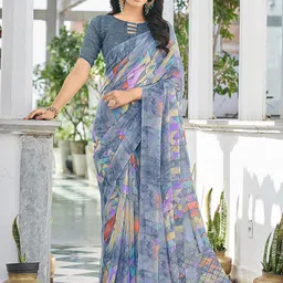 KALINI Geometric Printed Pure Chiffon Dabu Saree-13