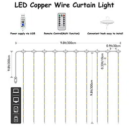XERGY White 300 LED 8 Modes Remote Control USB Powered Waterproof Curtain String Lights-46