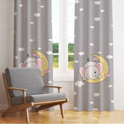 STYBUZZ Grey & White Satin Set of 2 Elephant On Moon Room Darkening Window Curtain-image-39