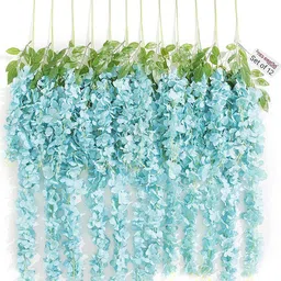 TIED RIBBONS Set Of 12 Turquoise-Blue & Green Artificial Hanging Wisteria Flower-Strings-39