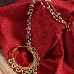 Saraf RS Jewellery Gold-Plated Kundan-Studded & Pearl Nose Ring With Chain-30