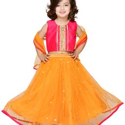 SAKA DESIGNS Girls Pink & Orange Embellished Ready to Wear Lehenga & Blouse, Dupatta-image-4