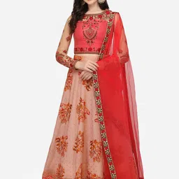 SAPTRANGI Pink & Red Embroidered Thread Work Ready to Wear Lehenga & Blouse With Dupatta-picture-48