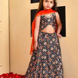 Rangpur Girls Black & Orange Printed Silk Lehenga & Blouse With Dupatta-picture-50