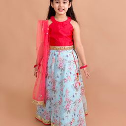 Ps Peaches Girls Red & Blue Floral Lehenga Choli Set-27