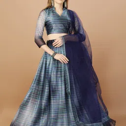 Mitera Navy Blue  Striped Semi-Stitched Lehenga & Unstitched Blouse With Dupatta-picture-35