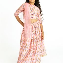 Campana Girls Pink & Mustard Printed Ready to Wear Lehenga & Blouse With Dupatta-image-32