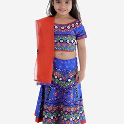 ahhaaaa Girls Blue & Red Embroidered Mirror Work Ready to Wear Lehenga & Blouse With Dupatta-11