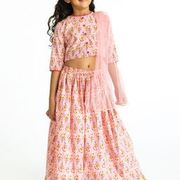 Campana Girls Pink & Blue Printed Ready to Wear Lehenga & Blouse With Dupatta-image-41