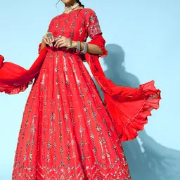 Chhabra 555 Red Embellished Mirror Work Made to Measure Lehenga & Blouse With Dupatta-picture-53