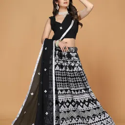 Nityanta Fab Black & Silver-Toned Embroidered Patchwork Semi-Stitched Lehenga & Unstitched Blouse With-7