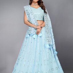Nityanta Fab Turquoise Blue Embroidered Patchwork Semi-Stitched Lehenga & Unstitched Blouse With Dupatta-0