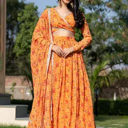 HOUSE OF JAMOTI Printed V-Neck Sequinned Ready to Wear Lehenga & Blouse With Dupatta-picture-51