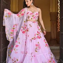Bunaai Floral Printed Sleeveless Ready to Wear Lehenga & Blouse With Dupatta-picture-52