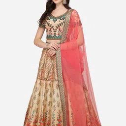 SAPTRANGI Cream-Coloured & Green Embroidered  Lehenga & Unstitched Blouse With Dupatta-8