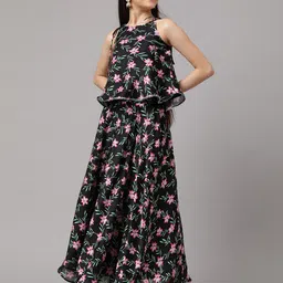Inddus Girls Black Floral Printed Ready to Wear Lehenga & Choli-picture-37