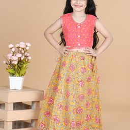 LIL PITAARA Girls Coral Orange & Yellow Ethnic Printed Cotton Ready to Wear Lehenga-image-71