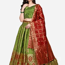 PURVAJA Olive Green & Maroon Ready to Wear Lehenga & Unstitched Blouse With Dupatta-image-30