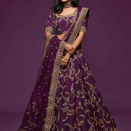 FABPIXEL Purple & Gold Embroidered Semi-Stitched Lehenga & Unstitched Blouse With Dupatta-picture-16