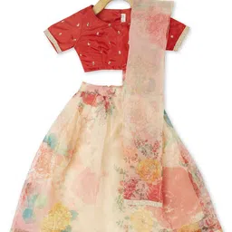 PICCOLO Girls Red & Cream-Coloured Embellished Ready to Wear Lehenga & Blouse With Dupatta-picture-4