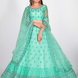 SHOPGARB Turquoise Blue & Green Semi-Stitched Lehenga & Unstitched Blouse With Dupatta-image-0