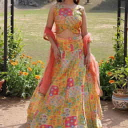 Chhabra 555 Yellow & Pink Floral Printed Embellished Crop Top Lehenga Set With Dupatta-picture-0