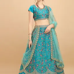 Amrutam Fab Turquoise Blue & Pink Embroidered Thread Work Ready to Wear Lehenga & Unstitched Blouse With-picture-20