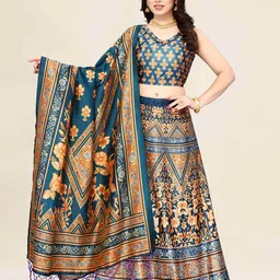 Kaizen TEXO FAB Navy Blue & Orange Printed Semi-Stitched Lehenga & Unstitched Blouse With Dupatta-25