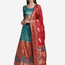 Mitera Women Turquoise Blue & Red Semi-Stitched Lehenga & Unstitched Blouse with Dupatta-picture-10