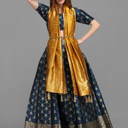 PURVAJA Teal Blue & Gold Woven Design Semi-Stitched Lehenga & Unstitched Choli Dupatta-picture-17