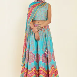 Soch Blue & Pink Embroidered Ready to Wear Lehenga & Blouse With Dupatta-13