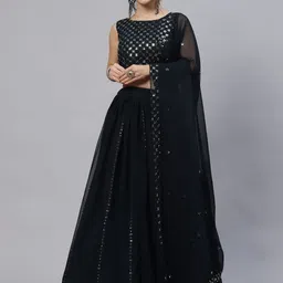 SHUBHKALA Teal Embellished Sequinned Semi-Stitched Lehenga & Unstitched Blouse With Dupatta-image-9