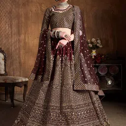 FABPIXEL Maroon & Gold-Toned Embroidered Semi-Stitched Lehenga & Unstitched Blouse With Dupatta-13