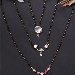 JEWELS GEHNA Set of 3 Gold Plated & Black Traditional CZ Stone Studded Beaded Mangalsutra-image-27